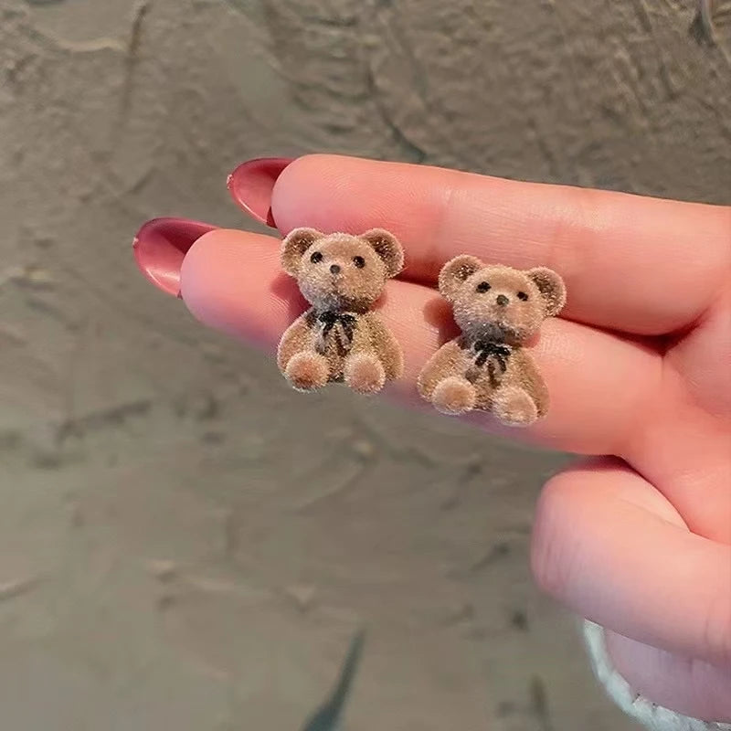 Cute Flocking Plush Rabbit Bear Stud Earrings