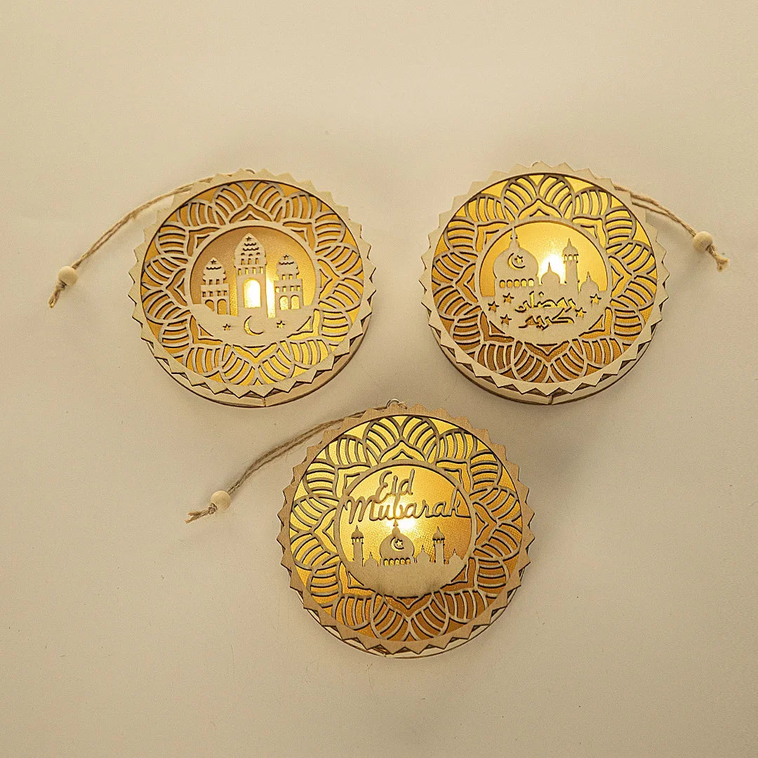 EID Mubarak Wooden Pendant with LED Light Ramadan Decorations