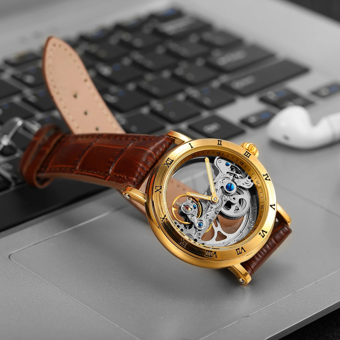 Vintage Mechanical Watches Golden Bridge Skeleton Automatic Men's Watch