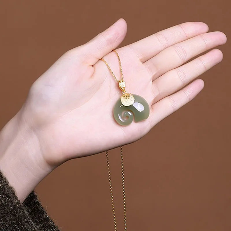 Natural Stone Jade Elephant Pendant 18K Gold
