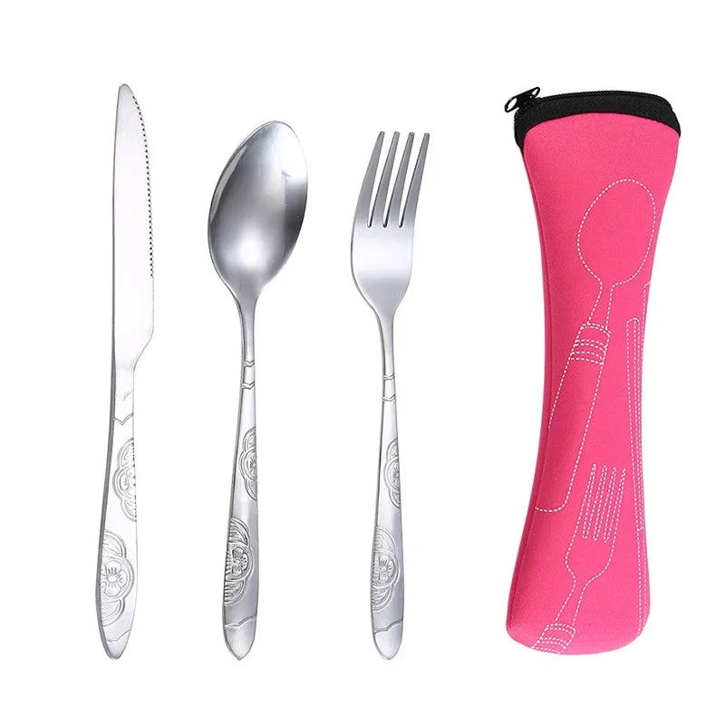 4Pcs/3Pcs Set Dinnerware Portable Printed Knifes Fork Spoon Stainless Steel Tableware with Bag