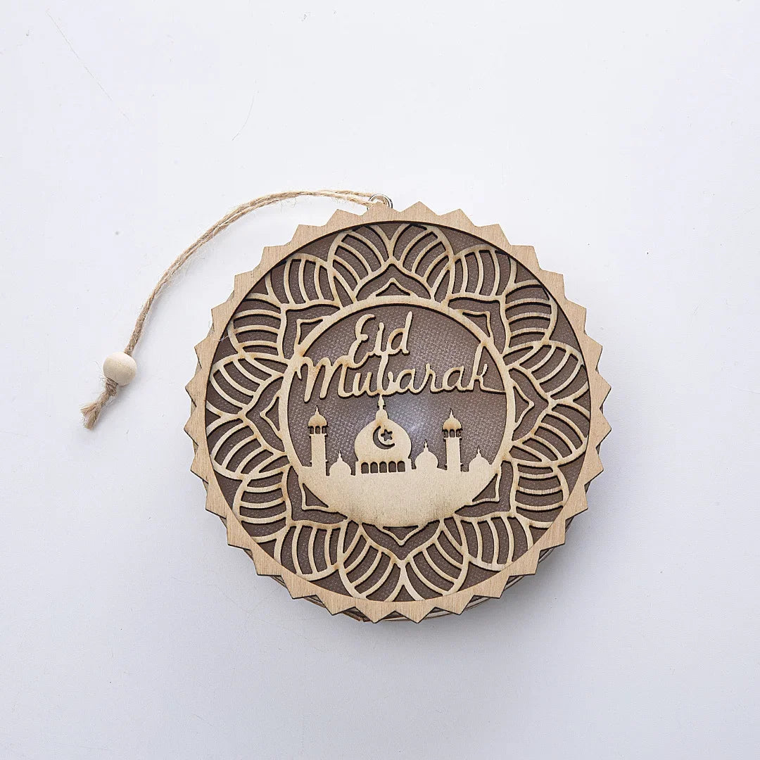 EID Mubarak Wooden Pendant with LED Light Ramadan Decorations