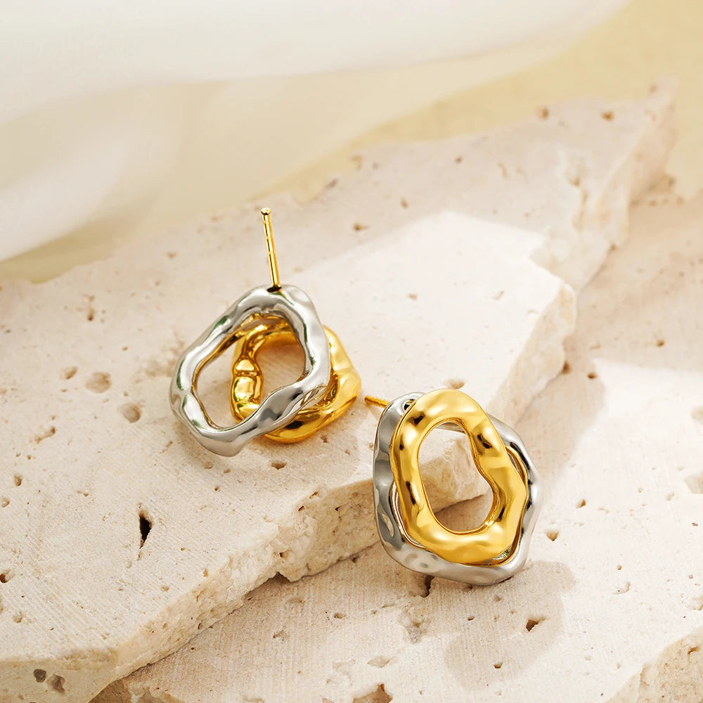 Geometric Stainless Steel Gold Sliver Color Bilayer Stud Earring