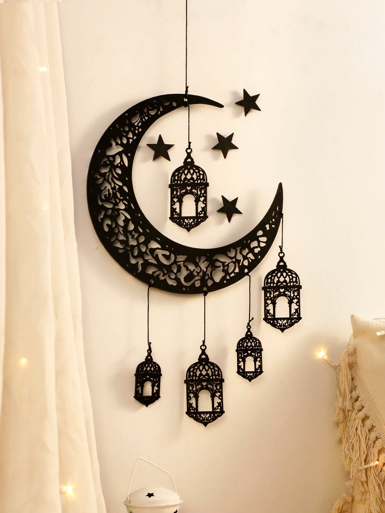 Wooden Hollow Moon and Star Lantern –Ramadan Hanging Decor
