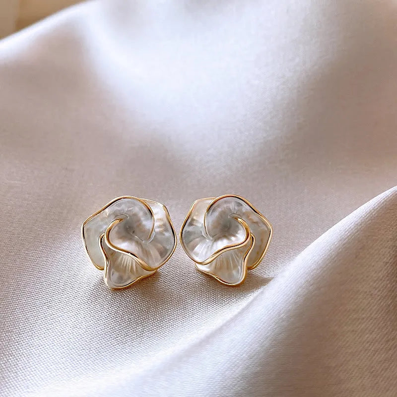 White Enamel Flower Stud Earrings for Women