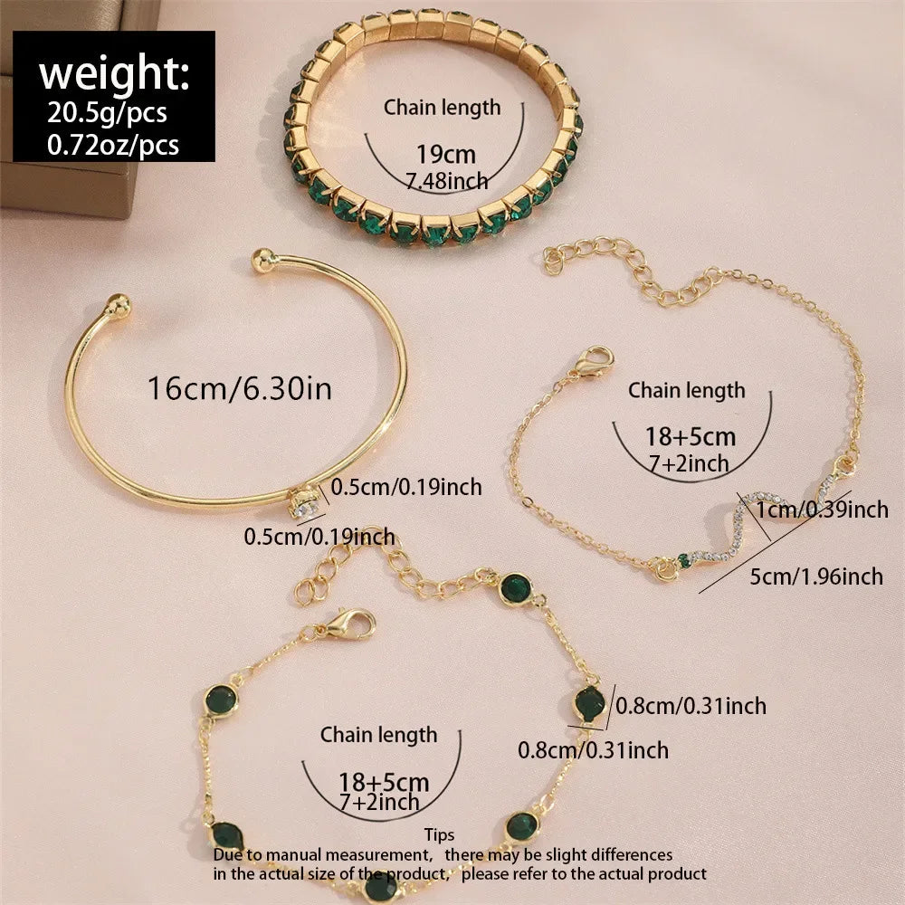 4Pcs Green Gemstone Bangle Rhinestone Bracelet