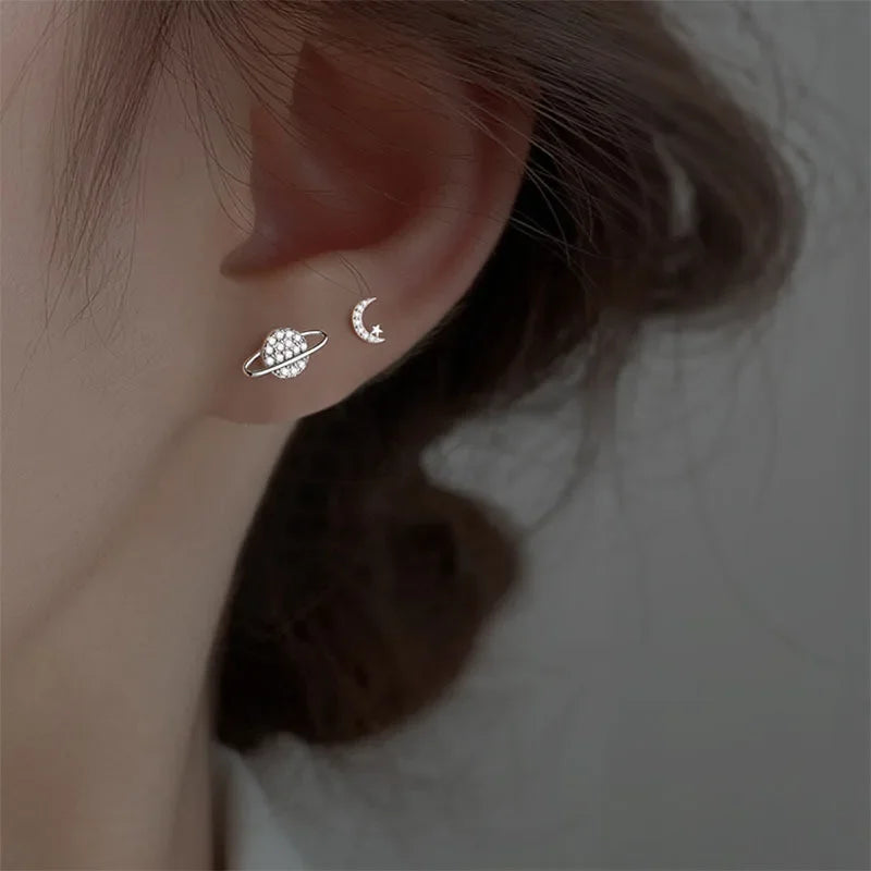 Simple Piercing Stud Earrings for Women Star Moon