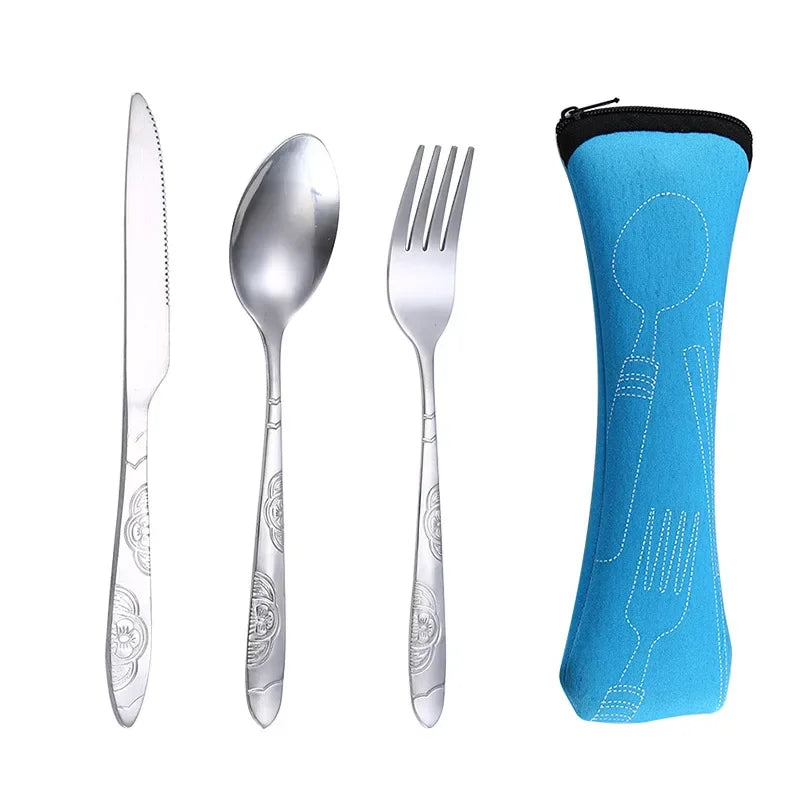 4Pcs/3Pcs Set Dinnerware Portable Printed Knifes Fork Spoon Stainless Steel Tableware with Bag