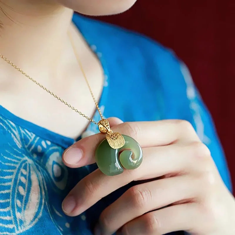 Natural Stone Jade Elephant Pendant 18K Gold