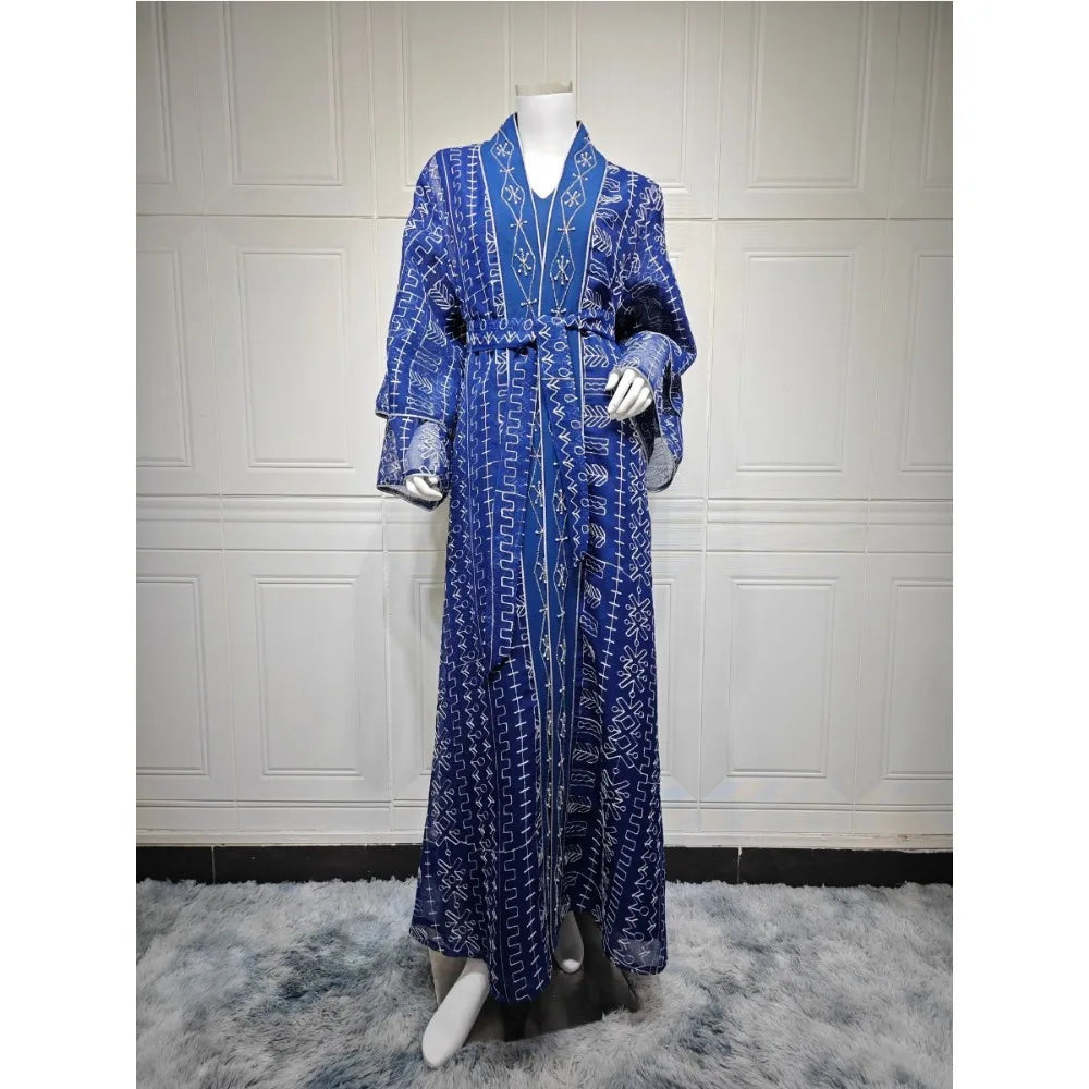 Women Muslim Abaya 2 Piece Set Embroidery Long Robe Jalabiya Full Length