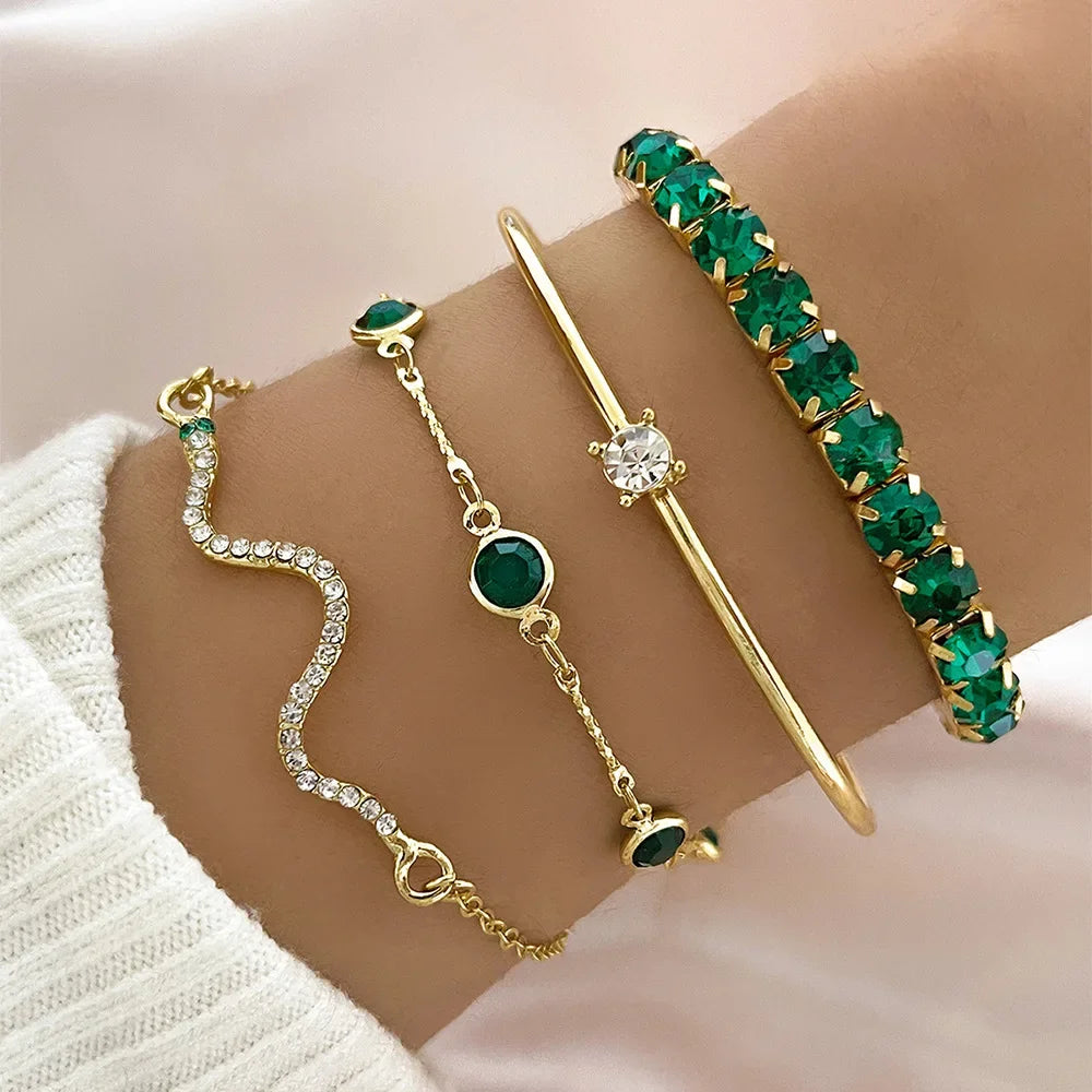4Pcs Green Gemstone Bangle Rhinestone Bracelet