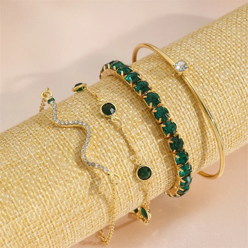 4Pcs Green Gemstone Bangle Rhinestone Bracelet
