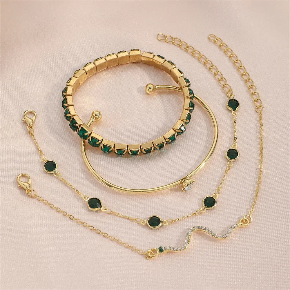 4Pcs Green Gemstone Bangle Rhinestone Bracelet