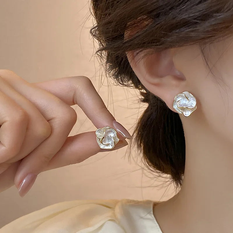 White Enamel Flower Stud Earrings for Women