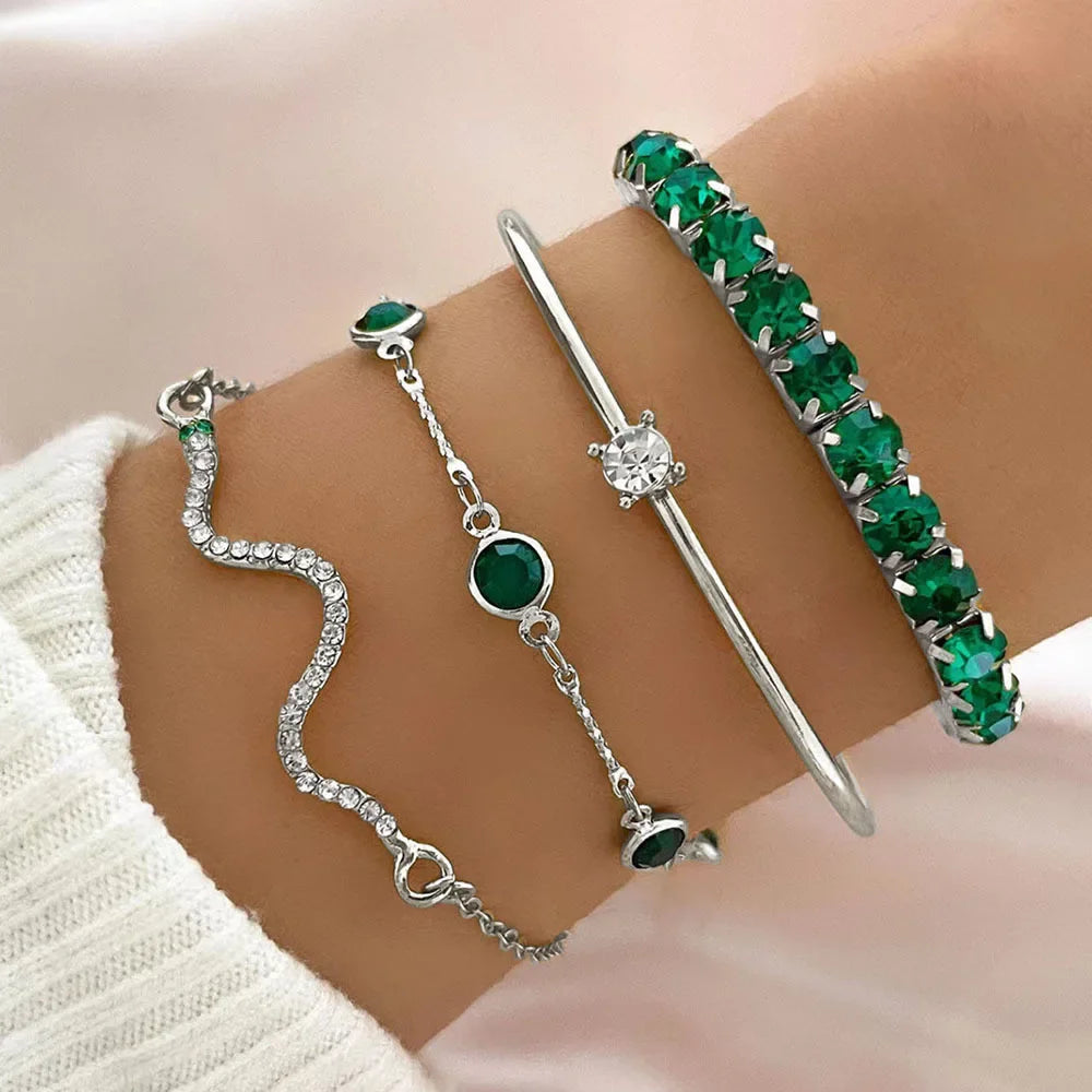 4Pcs Green Gemstone Bangle Rhinestone Bracelet