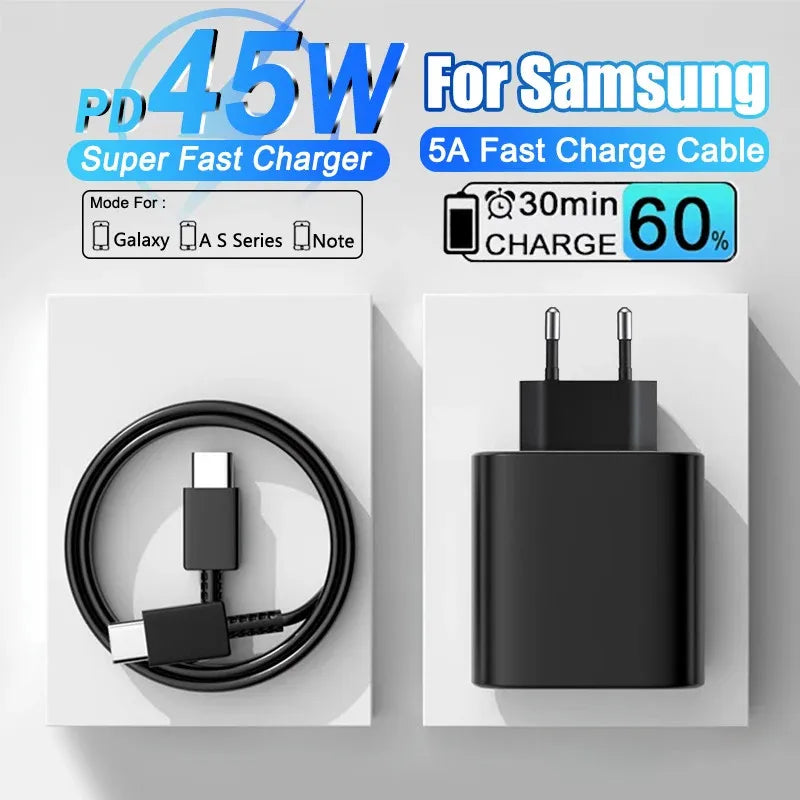 45W PD Fast Charging For Samsung Galaxy S22 S23 Ultra Note10 Plus Mobile Phone USB Type C Cable Fast Quick Charging Wall Adapter