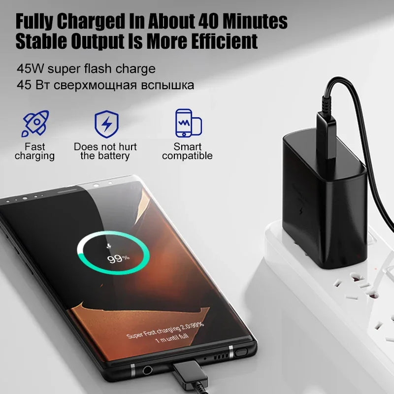 45W PD Fast Charging For Samsung Galaxy S22 S23 Ultra Note10 Plus Mobile Phone USB Type C Cable Fast Quick Charging Wall Adapter