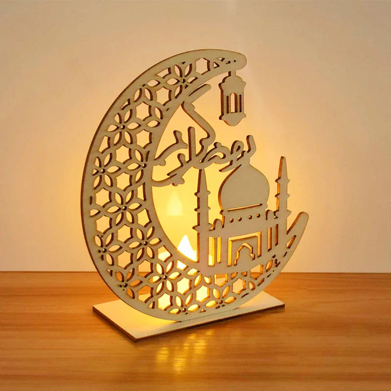 EID Mubarak Wooden Pendant with LED Candles Light