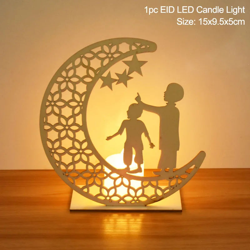 EID Mubarak Wooden Pendant with LED Candles Light