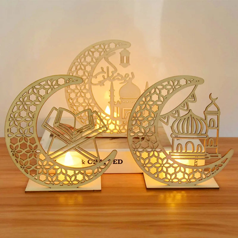 EID Mubarak Wooden Pendant with LED Candles Light