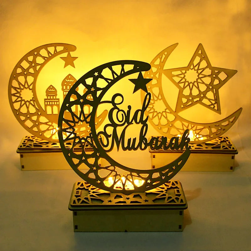 EID Mubarak Wooden Pendant with LED Candles Light