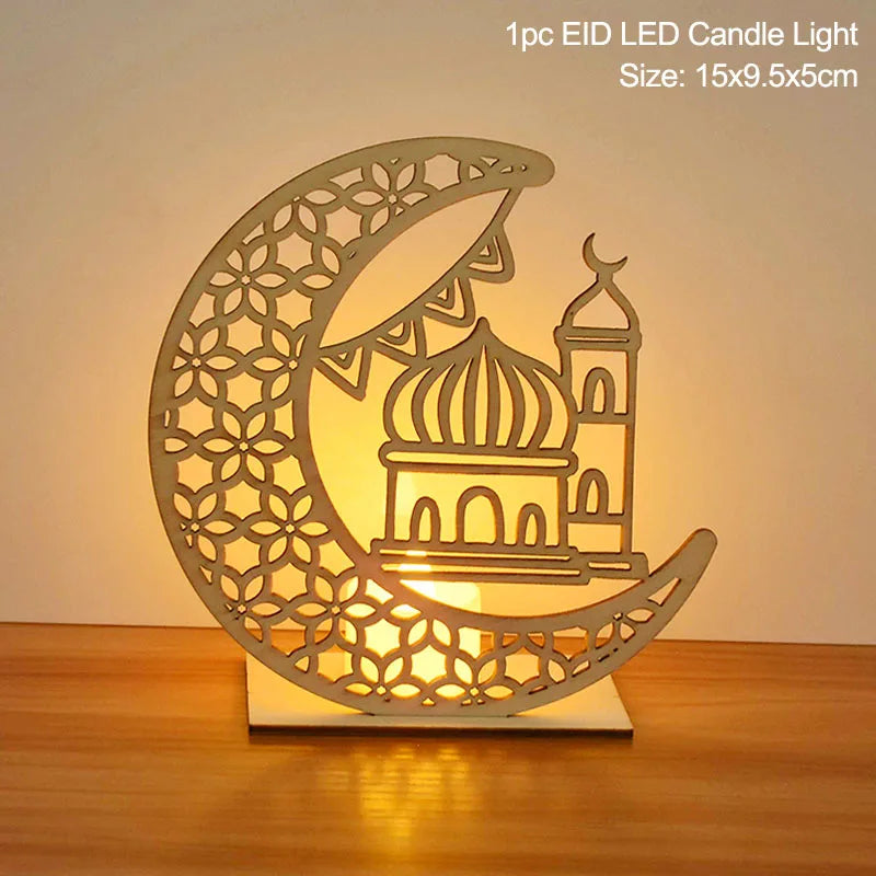 EID Mubarak Wooden Pendant with LED Candles Light