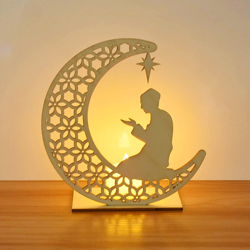 EID Mubarak Wooden Pendant with LED Candles Light