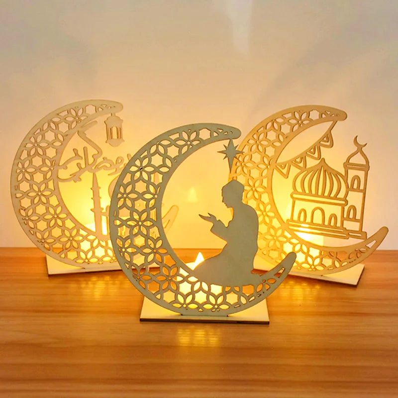 EID Mubarak Wooden Pendant with LED Candles Light