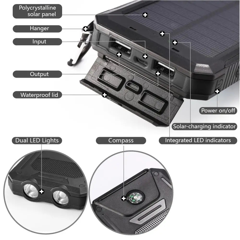 20000mAh Power Bank Waterproof Solar PowerBank External Battery Fast Mobile Phone Charger For Samsung iPhone Xiaomi Poverbank