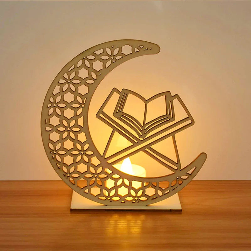 EID Mubarak Wooden Pendant with LED Candles Light