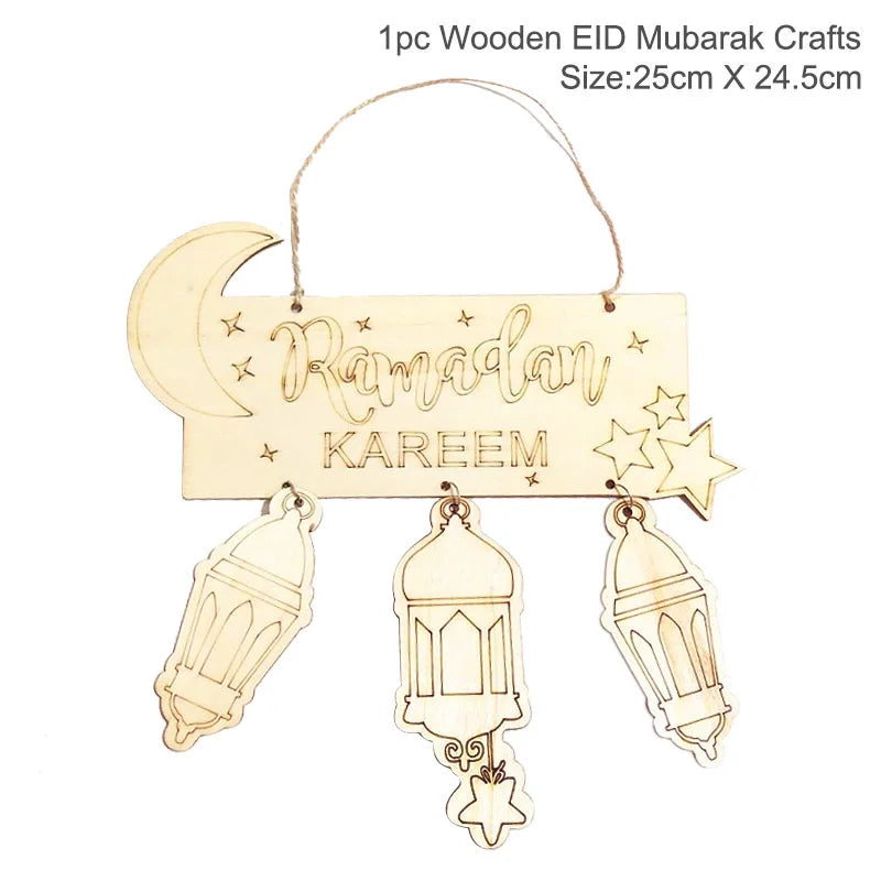 EID Mubarak Wooden Pendant with LED Candles Light