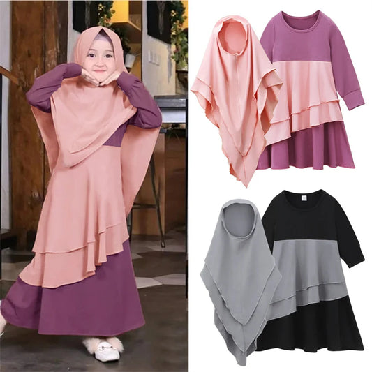 2025 New Muslim Ramadan Prayer Dress Abaya Sets Children Girls Long Robe Headscarf