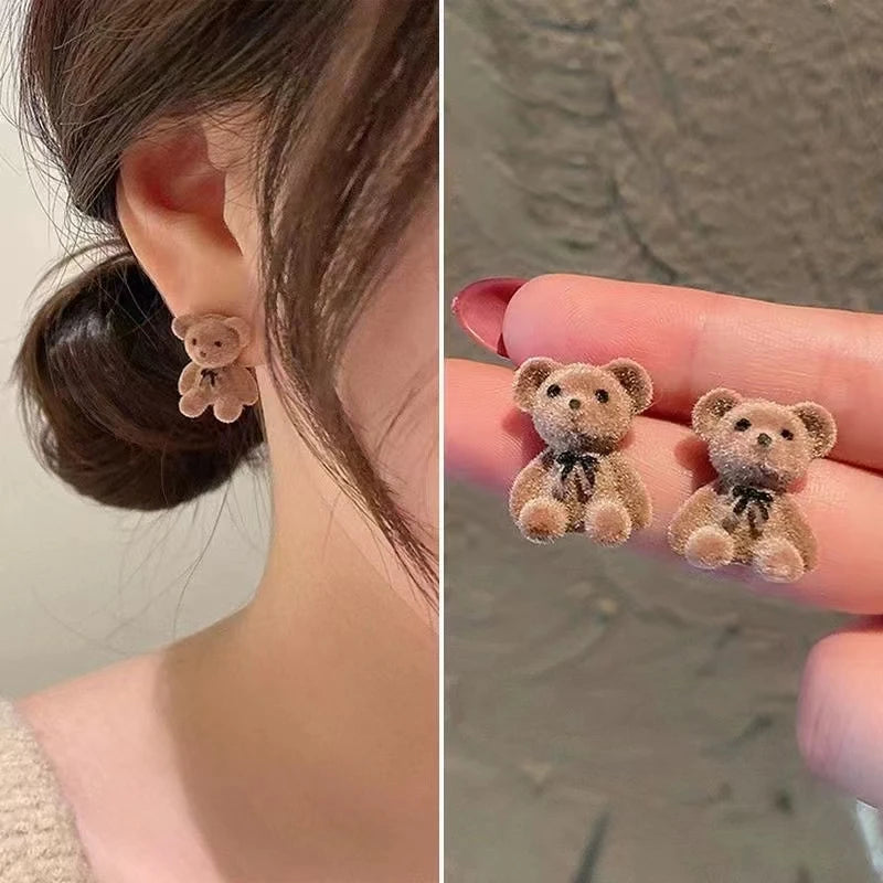 Cute Flocking Plush Rabbit Bear Stud Earrings