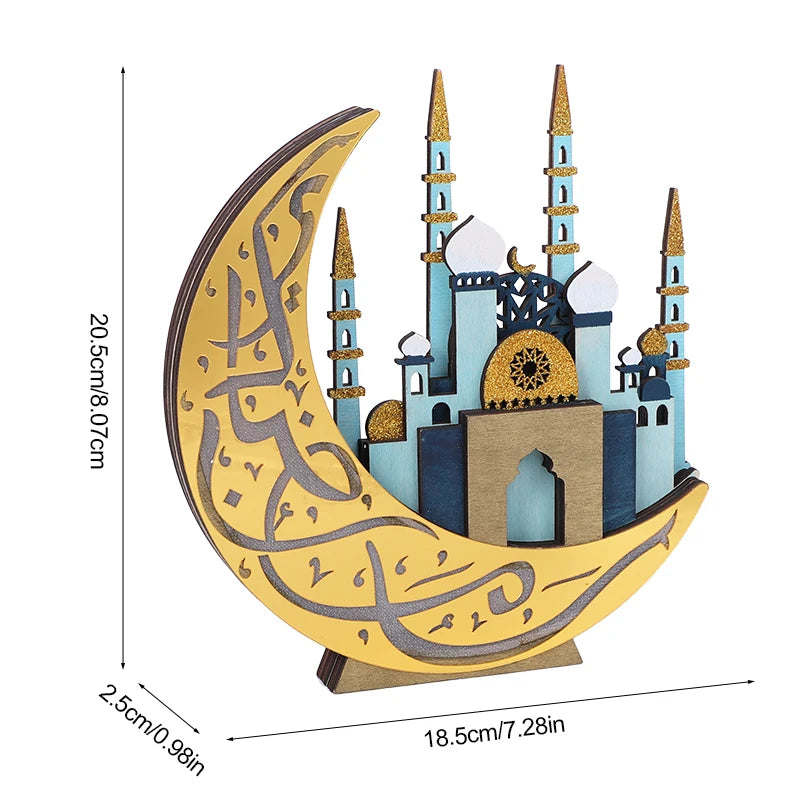 EID Mubarak LED Light Wooden Moon Mosque Table Ornaments