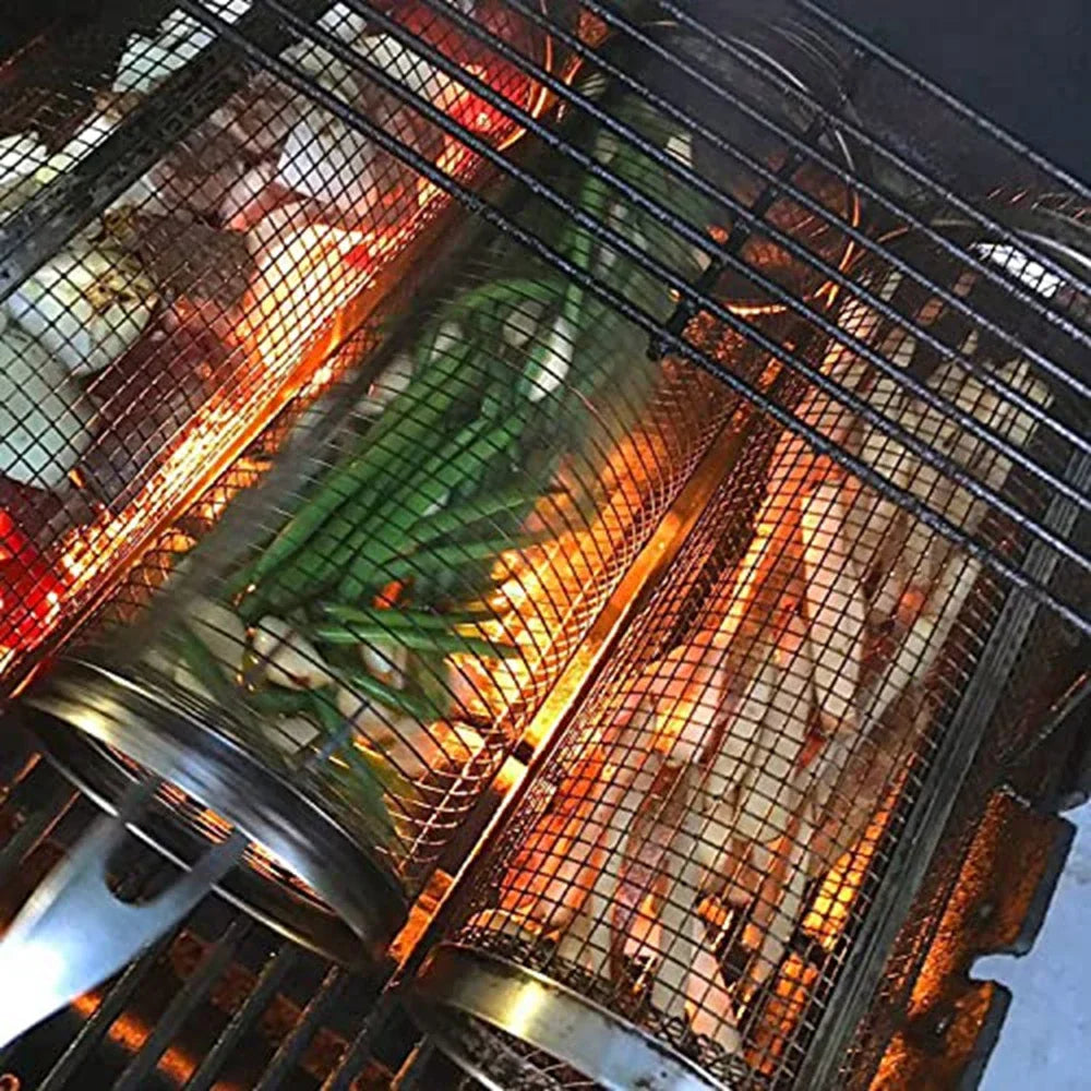 Barbecue Grill Grate Barbecue Cages Camping Picnic Cookware Outdoor Round BBQ Campfire Grill Grid Rolling Grill Basket