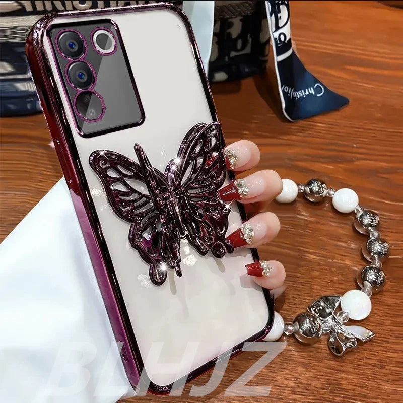 3D Butterfly Phone Holder Bead bracelet Glitter Plating Case for Funda Motorola Moto G24 G 24 G14 G34 G54 G84 G04 Stand Cover