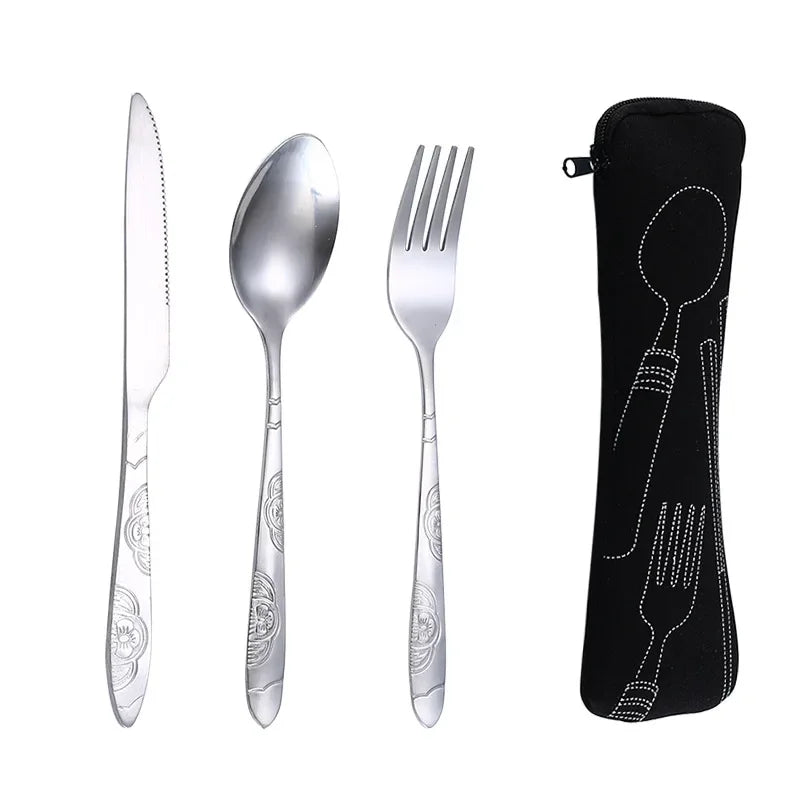 4Pcs/3Pcs Set Dinnerware Portable Printed Knifes Fork Spoon Stainless Steel Tableware with Bag