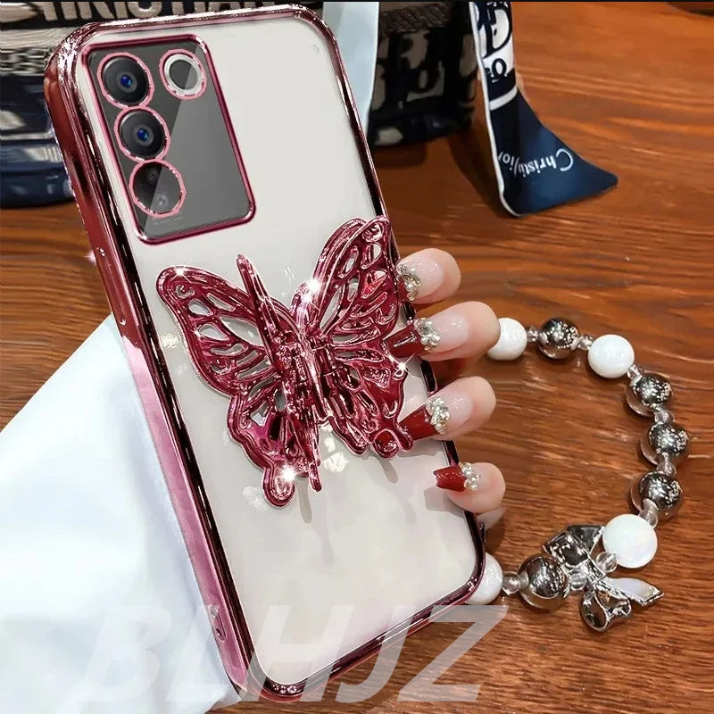 3D Butterfly Phone Holder Bead bracelet Glitter Plating Case for Funda Motorola Moto G24 G 24 G14 G34 G54 G84 G04 Stand Cover