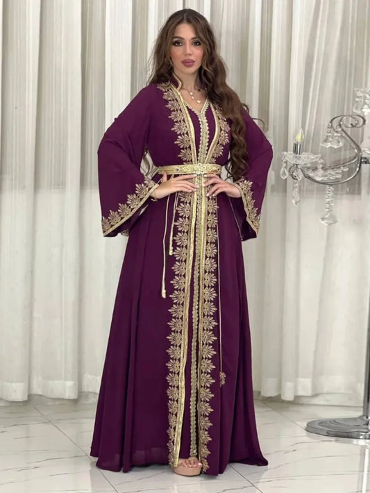 Eid Muslim Women Party Dresses Jellabiya 2 Piece Set Embroidery Arab Long Robe