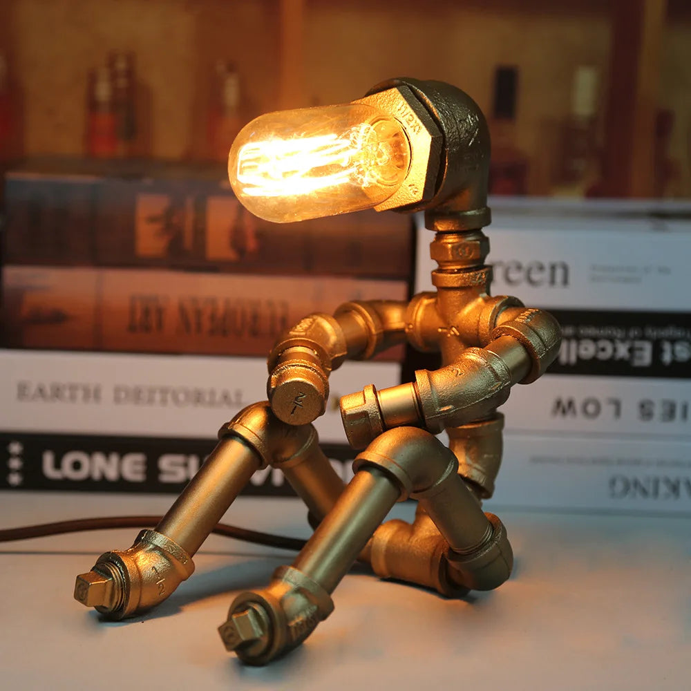 American Retro Water Pipe Lamp Punk Robot Decorative Table Lamp