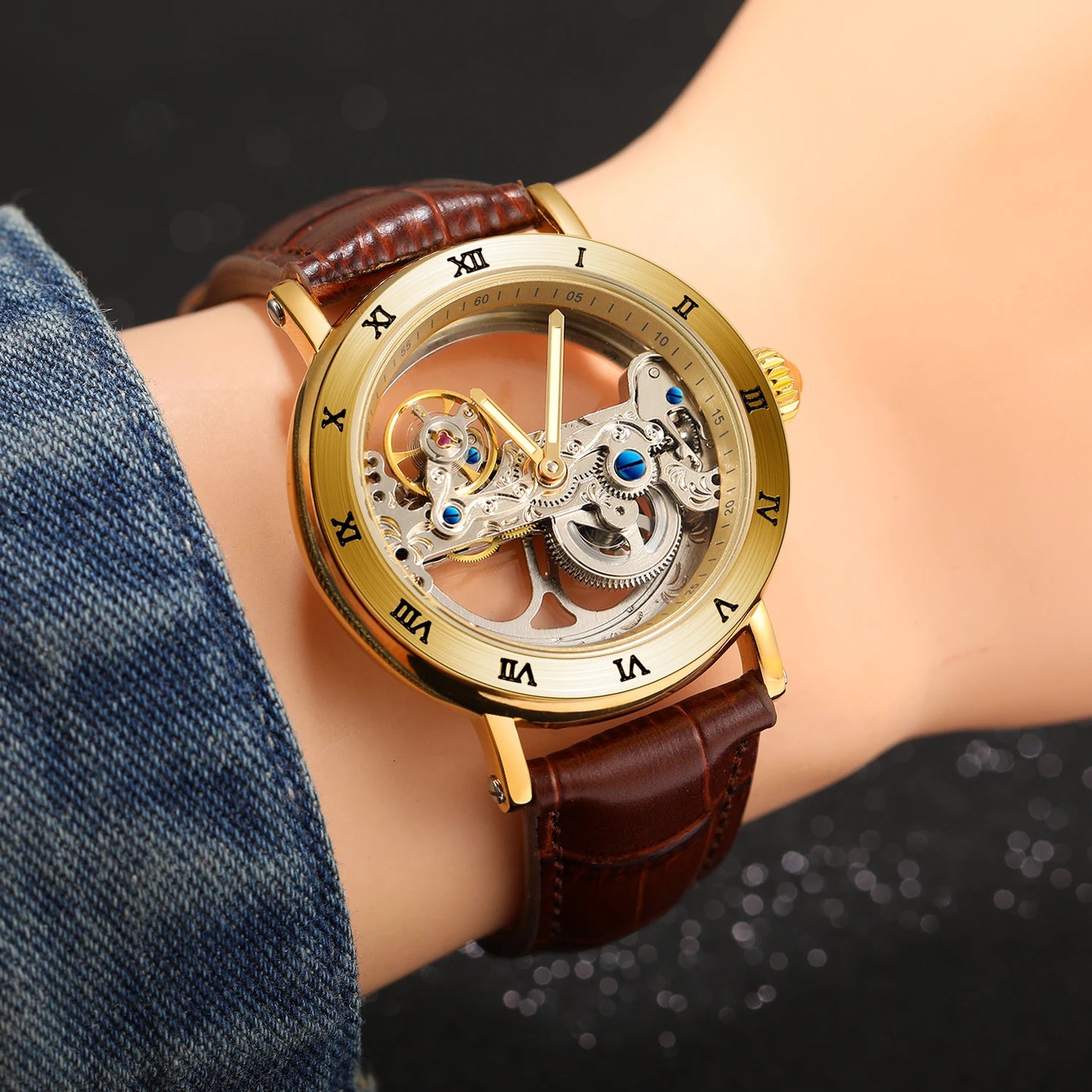 Vintage Mechanical Watches Golden Bridge Skeleton Automatic Men's Watch