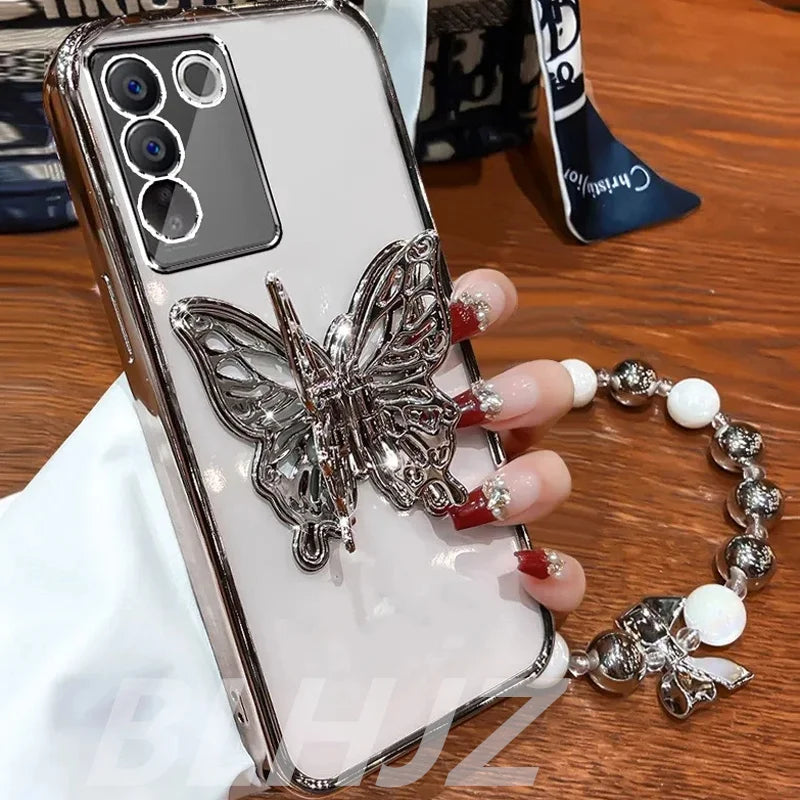 3D Butterfly Phone Holder Bead bracelet Glitter Plating Case for Funda Motorola Moto G24 G 24 G14 G34 G54 G84 G04 Stand Cover