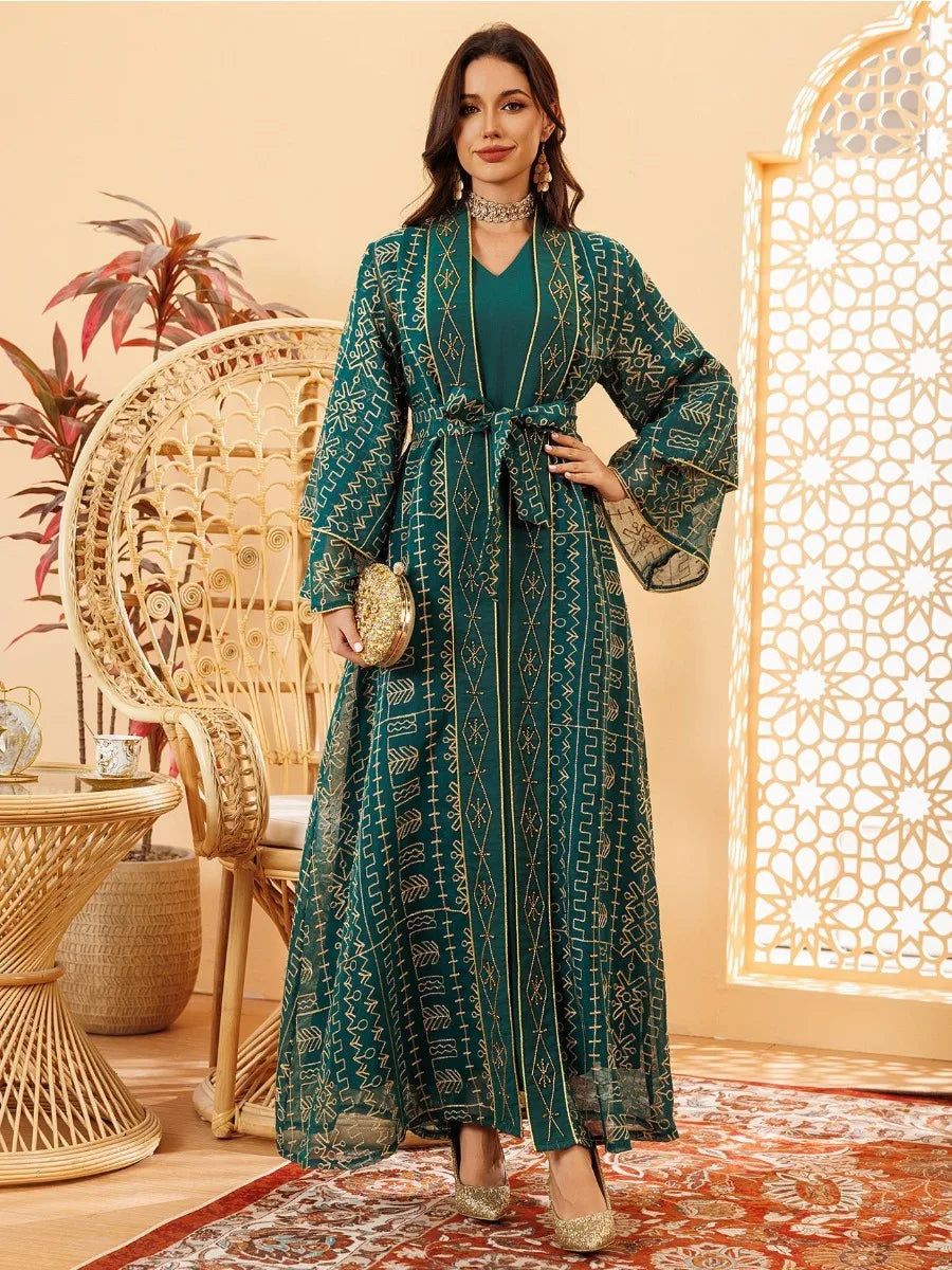 Women Muslim Abaya 2 Piece Set Embroidery Long Robe Jalabiya Full Length