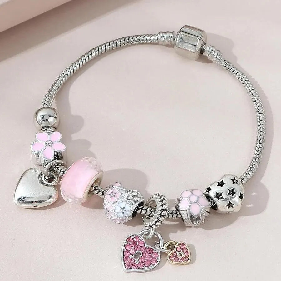 Bega Love Heart Flower Glass Pendant Charm Bracelet