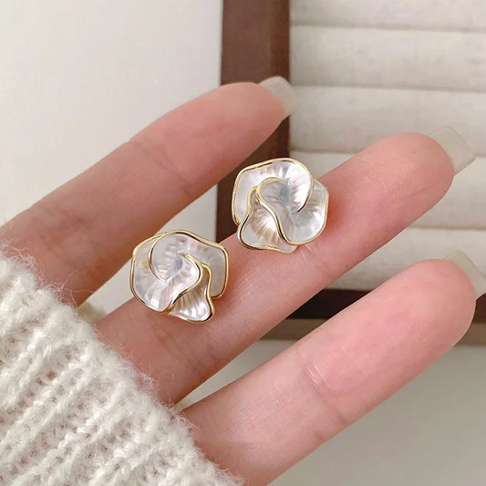 White Enamel Flower Stud Earrings for Women