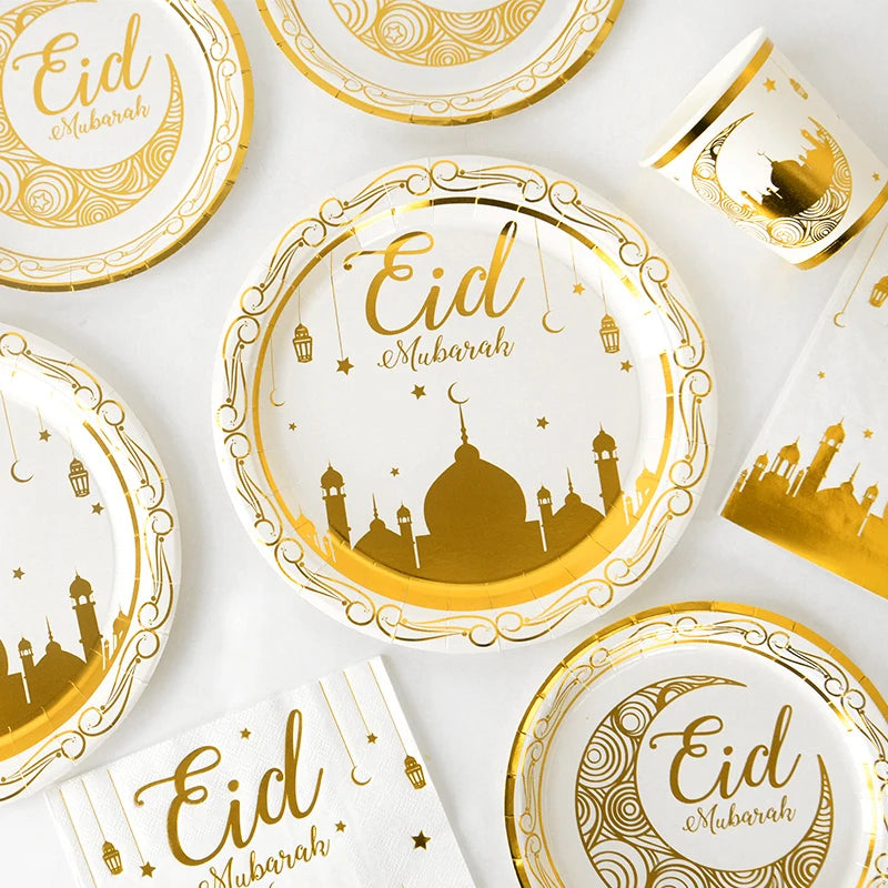 Eid Mubarak Disposable Tableware Gold Plate Cup Banner Gift Bags