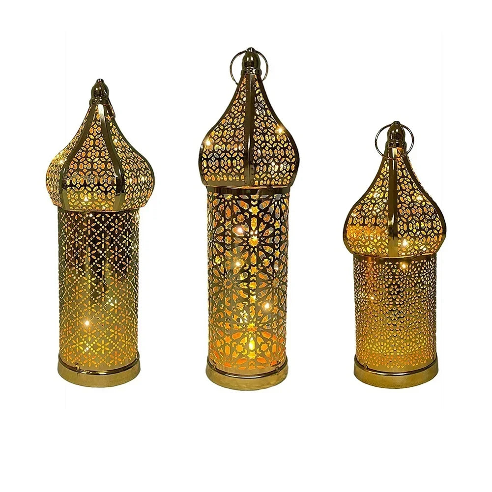 1pc Golden Hollow Iron Lantern Ramadan Home Decoration Light Ornaments Without Batteries