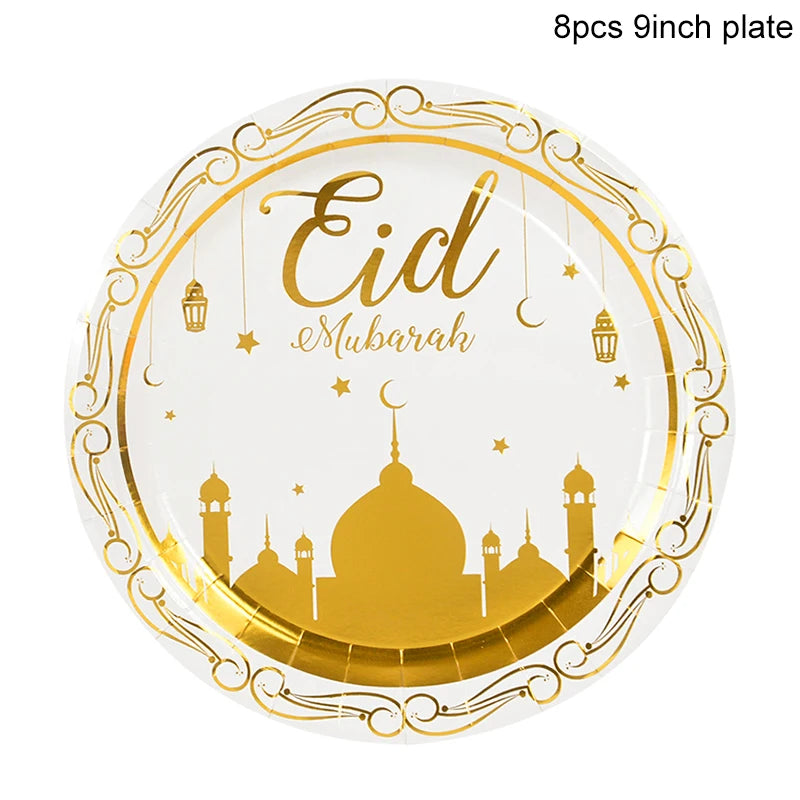 Eid Mubarak Disposable Tableware Gold Plate Cup Banner Gift Bags