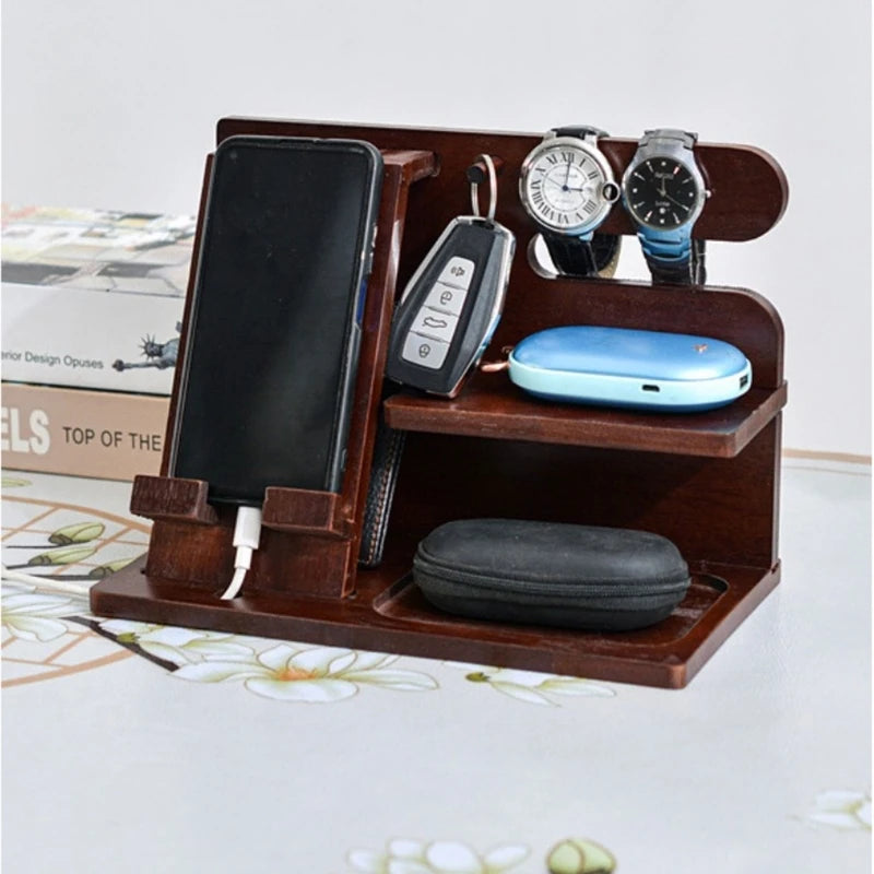 Wood Phone Docking Station Key Holder Wallet Stand Jewelry Watch Organizer Desk Accessories