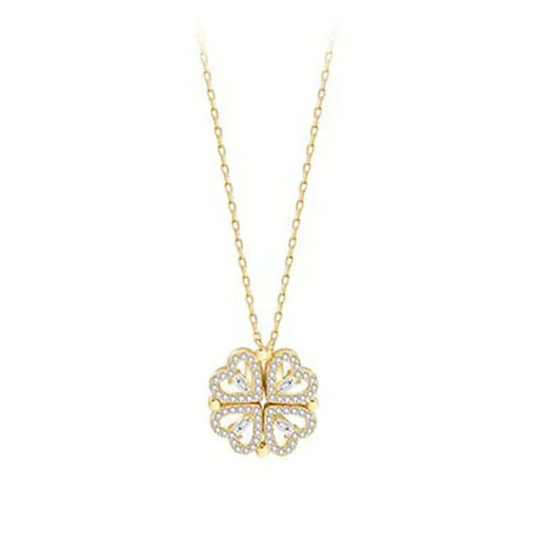 Heart Shaped Four Leaf Clover Pendant Necklace Silver Gold Jewelry Zircon